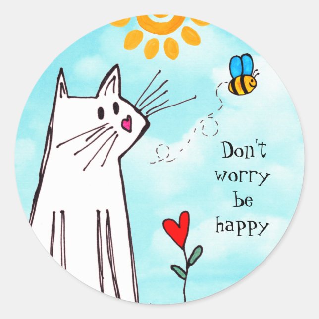 Cute Don't Worry Be Happy Cat and Bee Sticker (Front)