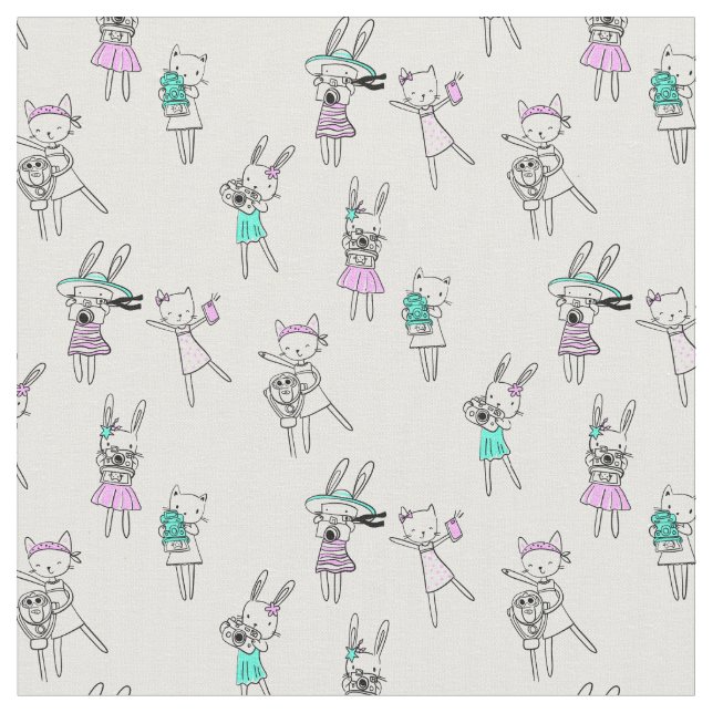 Cute Doodle Cat Girls Pattern Fabric (Close Up)