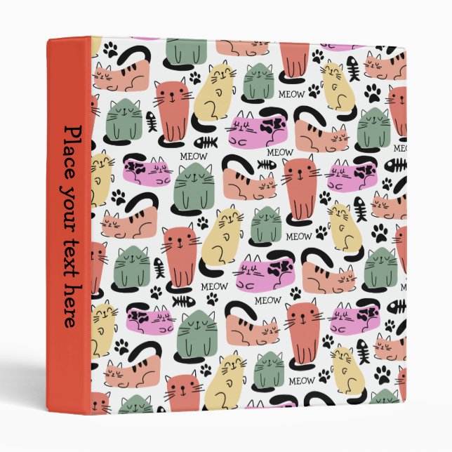 Cute Doodle Cats And Paw Prints Custom Binder (Front/Spine)