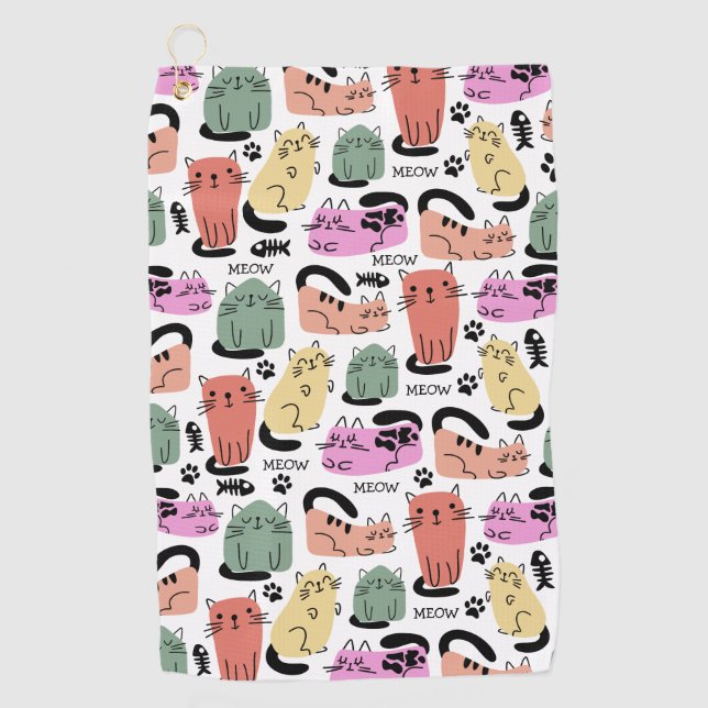 Cute Doodle Cats And Paw Prints Golf Towel (Front)
