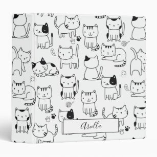 Cute Doodle Cats Pattern Custom Name Binder