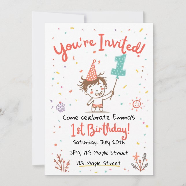 Cute Doodle Crayon Style First Party invite (Front)