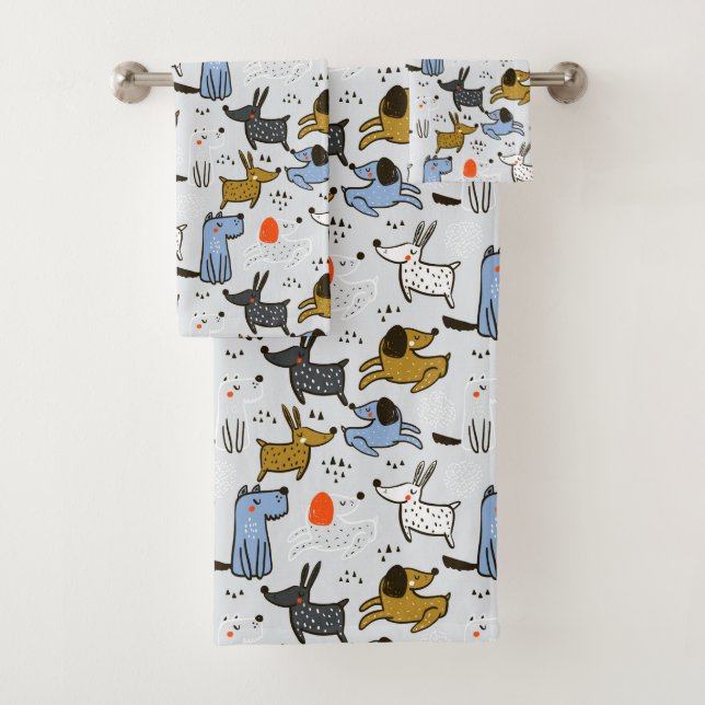 Cute Doodle Dog Pattern Bath Towel Set (Insitu)