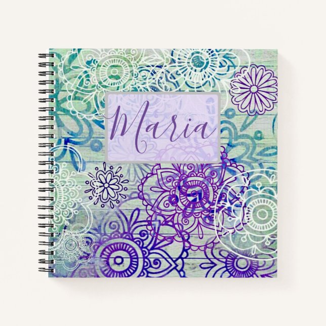 Cute Doodle Flowers On A Rustic Wood Notebook (Front)