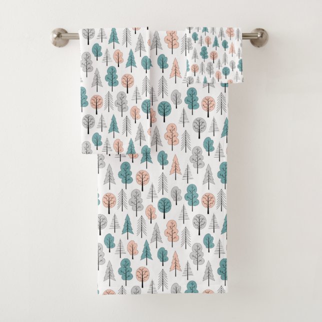 Cute Doodle Forest Pattern Bath Towel Set (Insitu)