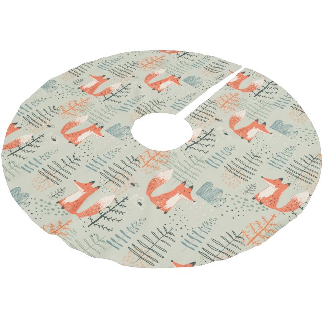 Cute Doodle Fox Forest Woodland Pattern Brushed Polyester Tree Skirt (Angled)
