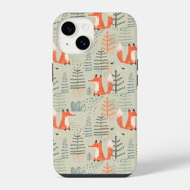 Cute Doodle Fox Forest Woodland Pattern iPhone Case (Back)