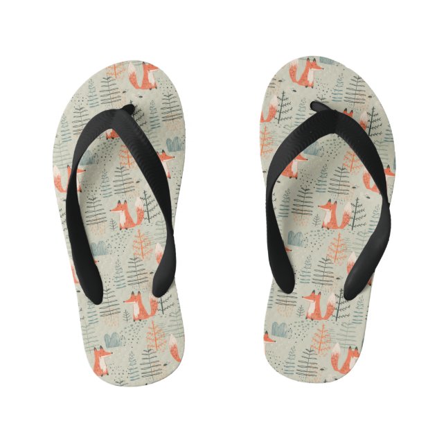 Cute Doodle Fox Forest Woodland Pattern Kid's Flip Flops (Footbed)