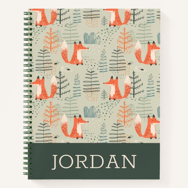 Cute Doodle Fox Forest Woodland Pattern Notebook (Front)