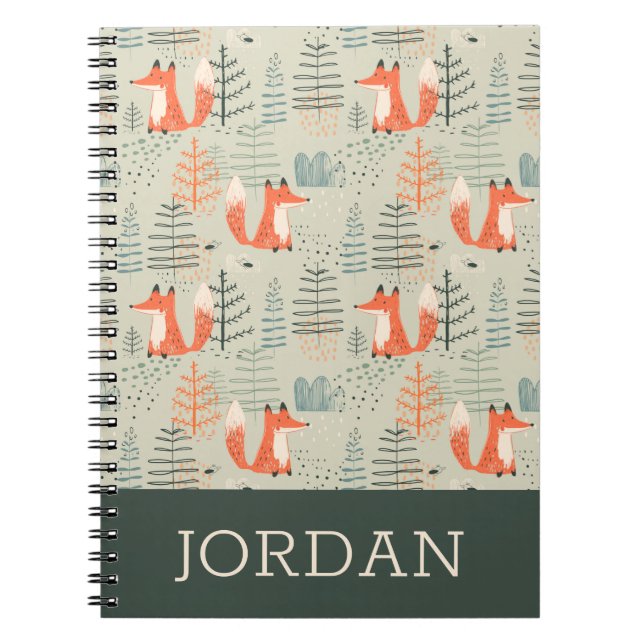 Cute Doodle Fox Forest Woodland Pattern Notebook (Front)