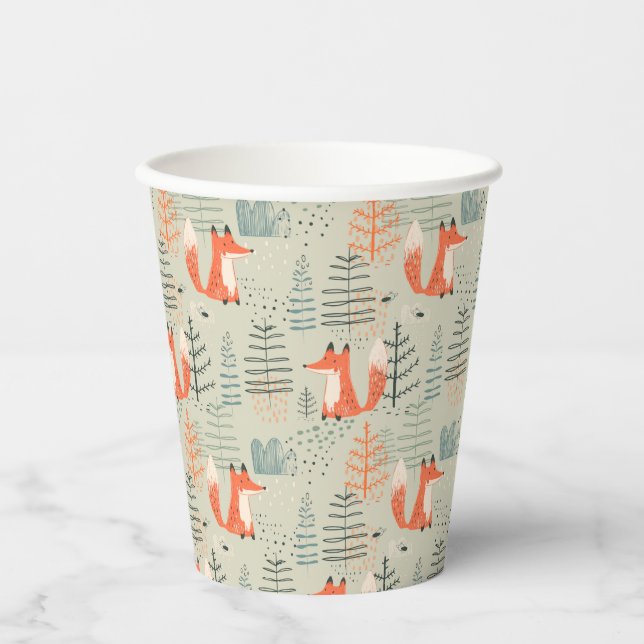 Cute Doodle Fox Forest Woodland Pattern Paper Cups (Front)