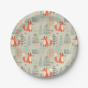 Cute Doodle Fox Forest Woodland Pattern Paper Plate