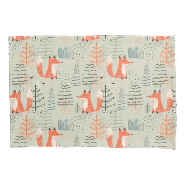 Cute Doodle Fox Forest Woodland Pattern Pillowcase (Front)