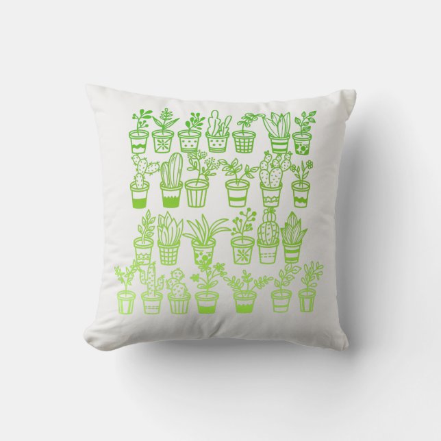 Cute Doodle Green Plants in Pots Throw Pillow (Front)