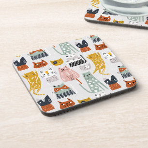 Cute Doodle Hand Drawn Cat Pattern Coaster