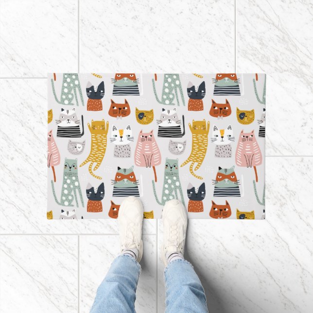 Cute Doodle Hand Drawn Cat Pattern Doormat (Indoor)