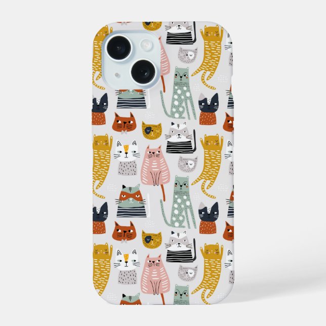 Cute Doodle Hand Drawn Cat Pattern iPhone 15 Case (Back)