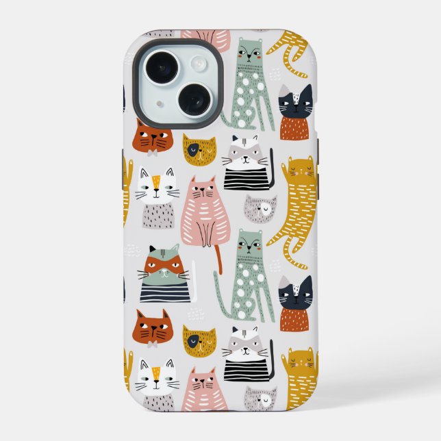 Cute Doodle Hand Drawn Cat Pattern iPhone 15 Case (Back)