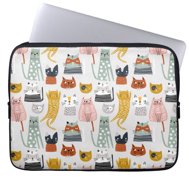 Cute Doodle Hand Drawn Cat Pattern Laptop Sleeve (Front)