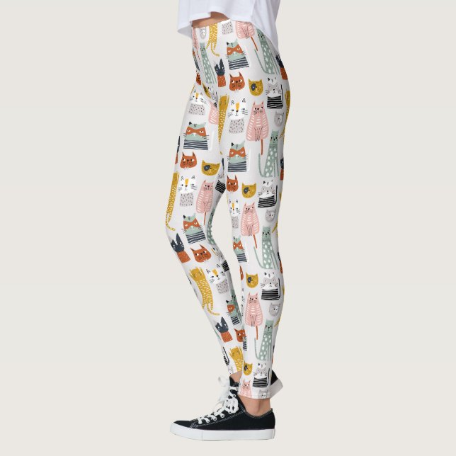 Cute Doodle Hand Drawn Cat Pattern Leggings (Left)