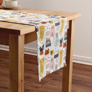 Cute Doodle Hand Drawn Cat Pattern Medium Table Runner