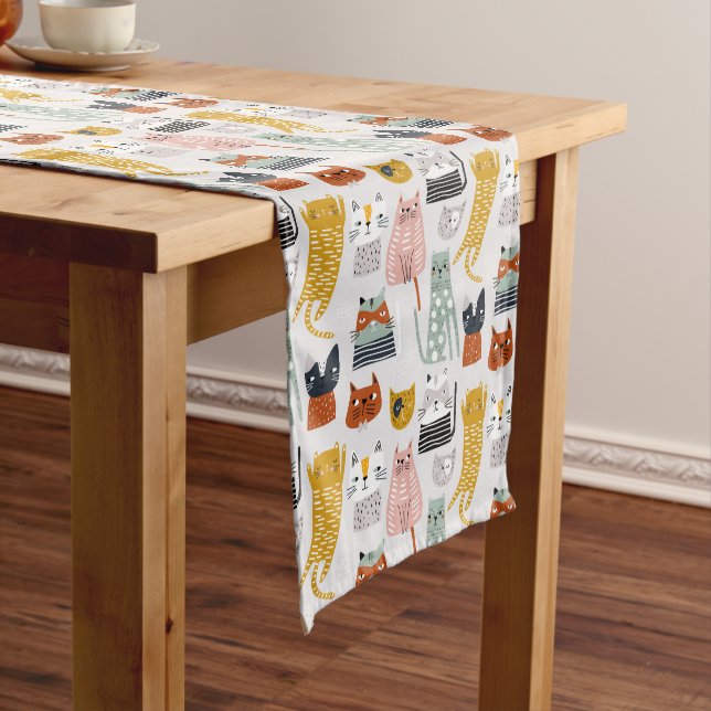 Cute Doodle Hand Drawn Cat Pattern Medium Table Runner (In Situ)