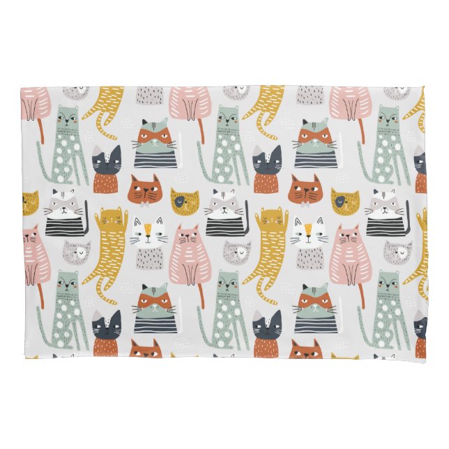 Cute Doodle Hand Drawn Cat Pattern Pillowcase (Front-Left)