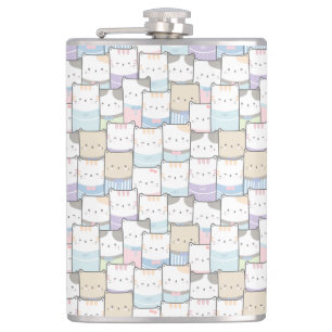 Cute Doodle Kitten Faces Pattern Hip Flask