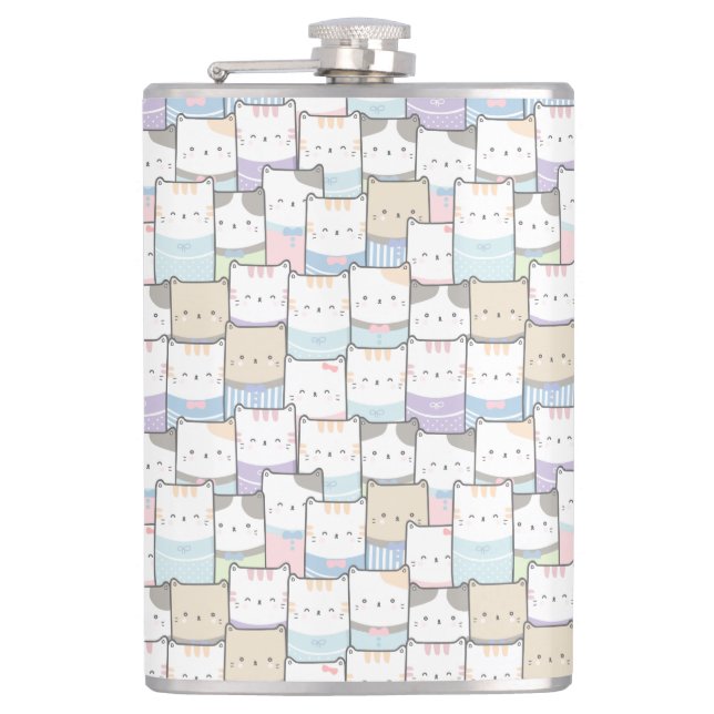 Cute Doodle Kitten Faces Pattern Hip Flask (Front)
