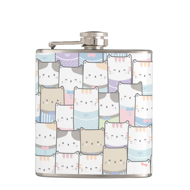 Cute Doodle Kitten Faces Pattern Hip Flask (Front)