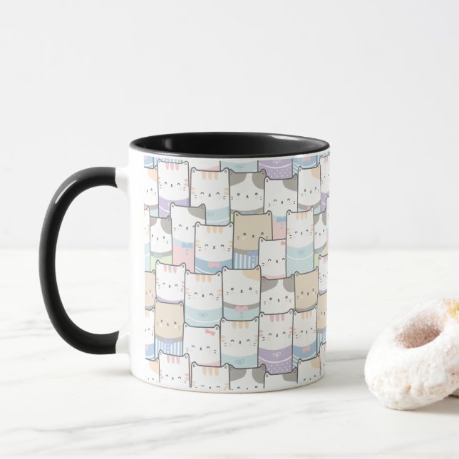 Cute Doodle Kitten Faces Pattern Mug (With Donut)