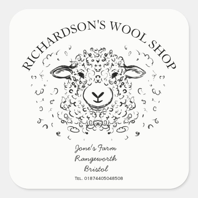 Cute Doodle Lamb Illustration – Wool & Yarn Shop Square Sticker (Front)