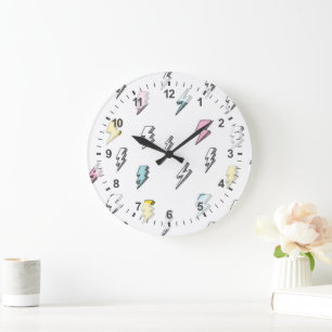 Cute Doodle Lightning Bolt Pattern Large Clock