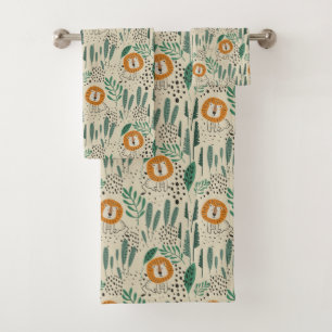 Cute Doodle Lion Jungle Rainforest Pattern Bath Towel Set