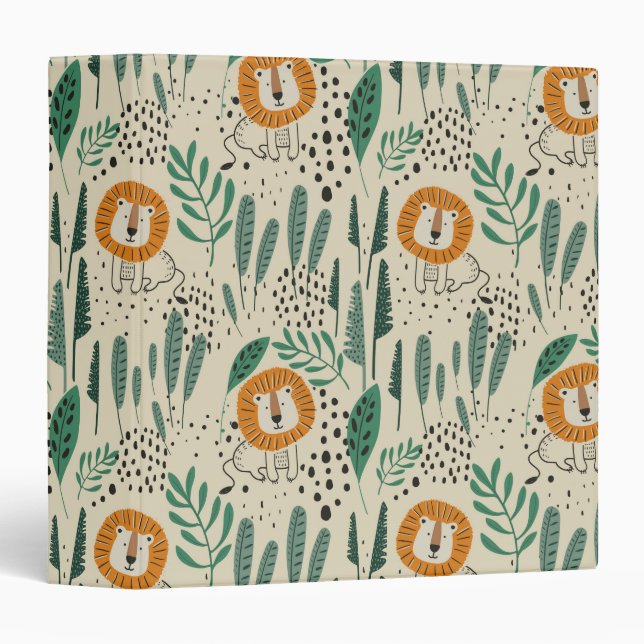 Cute Doodle Lion Jungle Rainforest Pattern Binder (Front/Spine)