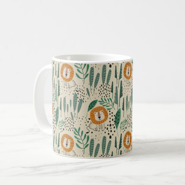 Cute Doodle Lion Jungle Rainforest Pattern Coffee Mug (Front Left)