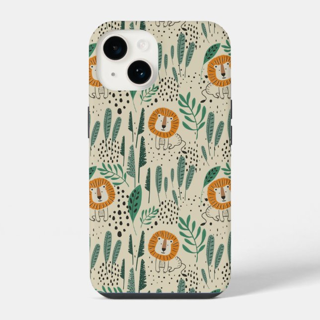Cute Doodle Lion Jungle Rainforest Pattern iPhone Case (Back)