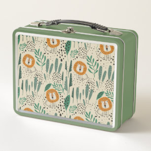 Cute Doodle Lion Jungle Rainforest Pattern Metal Lunch Box