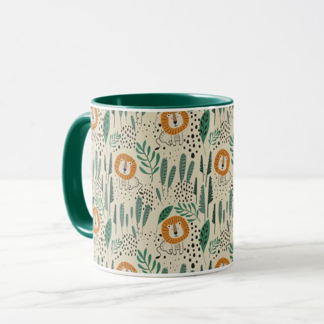 Cute Doodle Lion Jungle Rainforest Pattern Mug (Front Left)