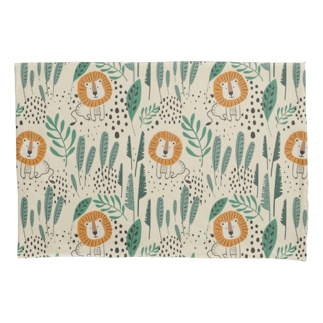 Cute Doodle Lion Jungle Rainforest Pattern Pillowcase (Front)