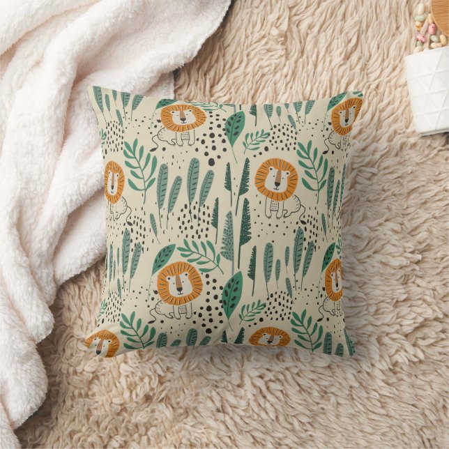 Cute Doodle Lion Jungle Rainforest Pattern Throw Pillow (Blanket)