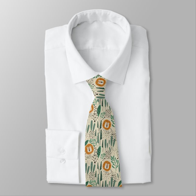 Cute Doodle Lion Jungle Rainforest Pattern Tie (Tied)