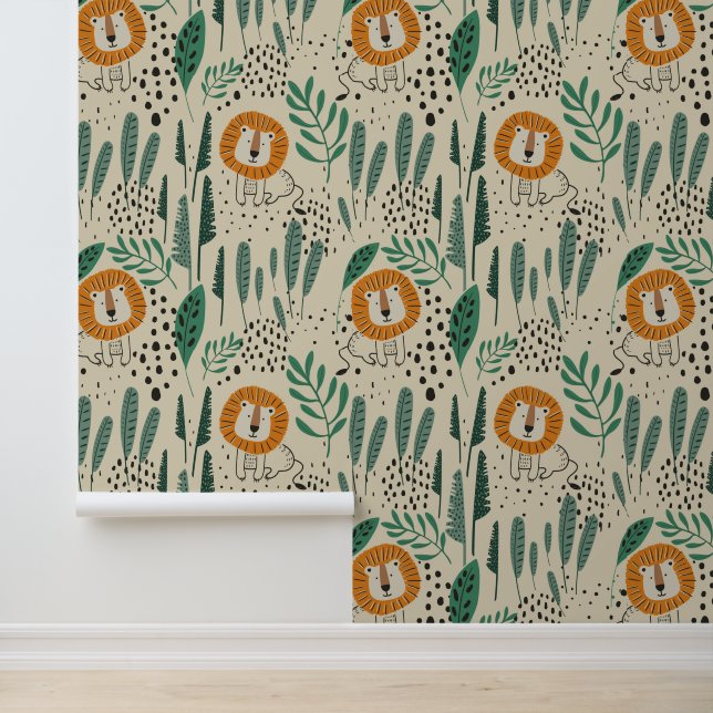 Cute Doodle Lion Jungle Rainforest Pattern Wallpaper (Application)