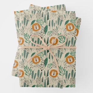 Cute Doodle Lion Jungle Rainforest Pattern Wrapping Paper Sheet