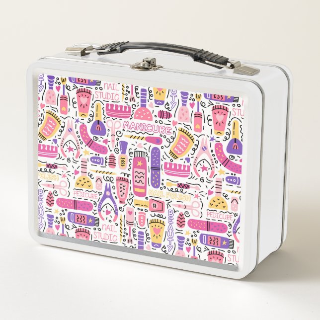 Cute Doodle Manicure Pattern Metal Lunch Box (Front)