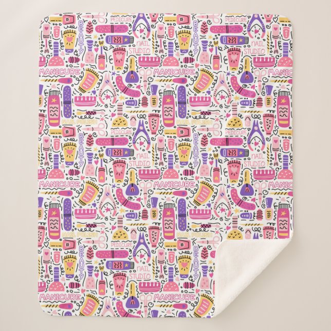 Cute Doodle Manicure Pattern Sherpa Blanket (Front)