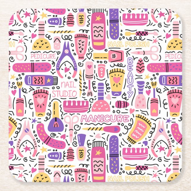 Cute Doodle Manicure Pattern Square Paper Coaster (Front)