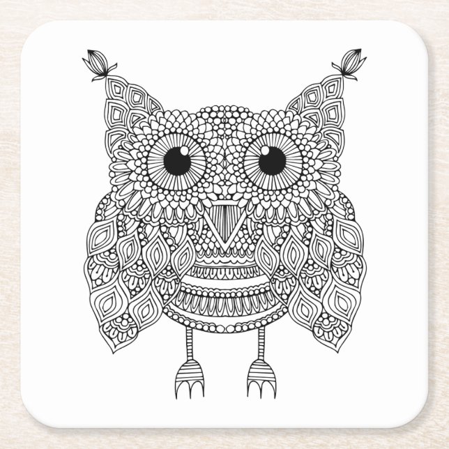 Cute Doodle Owl Square Paper Coaster (Front)