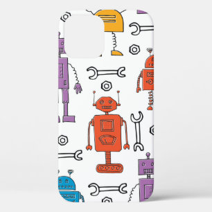 Cute doodle robots. Seamless pattern. Cartoon char iPhone 12 Case
