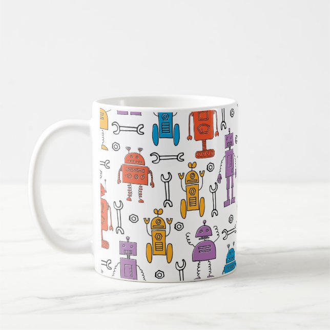 Cute doodle robots. Seamless pattern. Cartoon char Coffee Mug (Left)